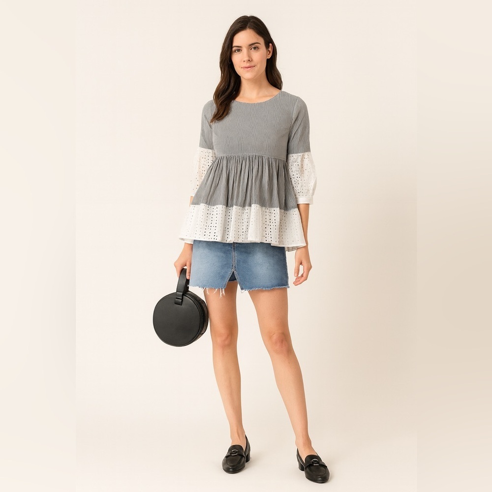 SugarLips Janis Eyelet Striped Round-Neck Top with CutoutsNavy and White Size XS